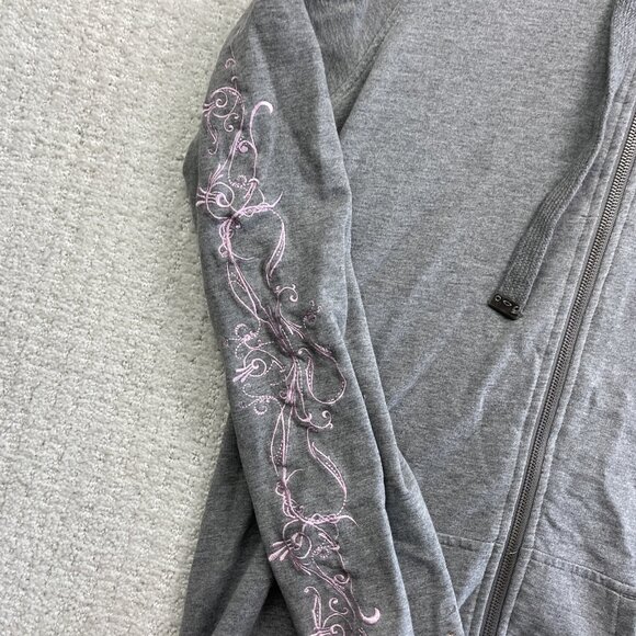 Y2K Oakley Full Zip Hoodie Wom MGrey / Pink Flower Sleeve AOP Boho Hooded Strech - Picture 3 of 16